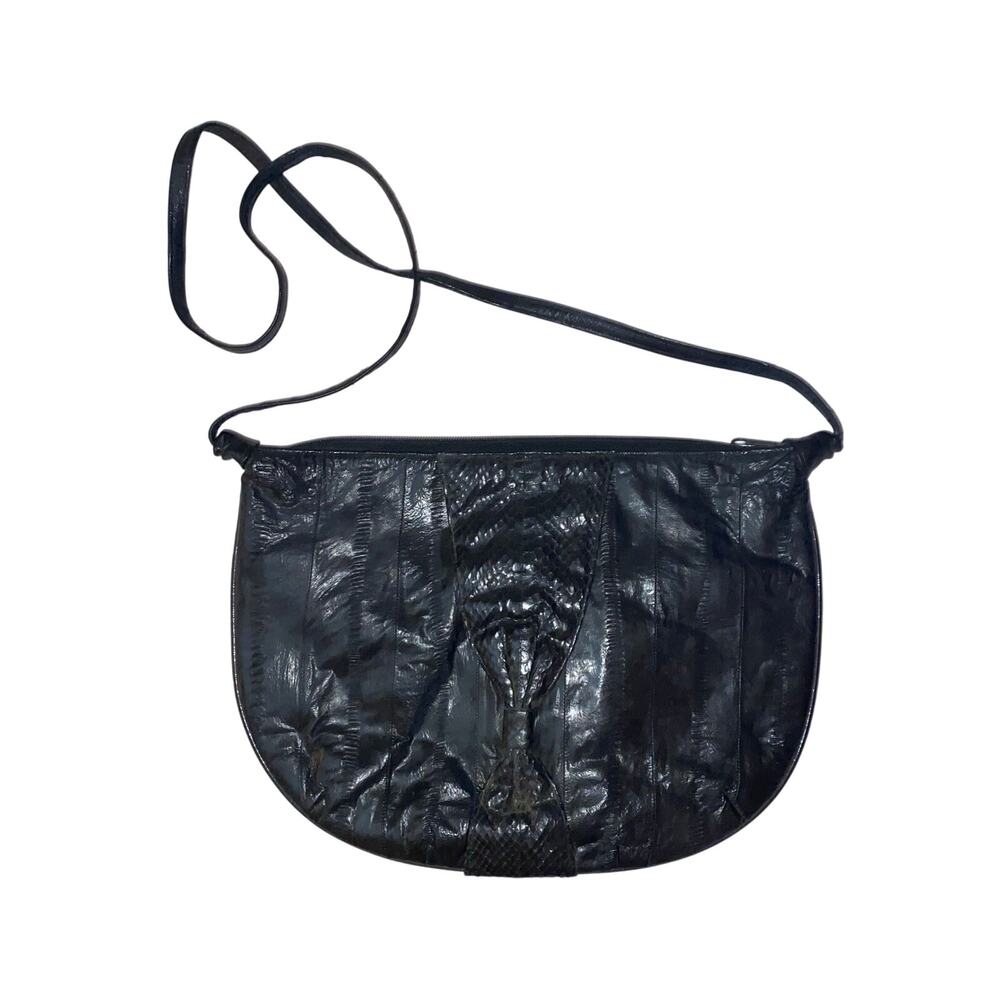 Vintage Eelagance Black Eel Skin Crossbody Shoulder Bag 80s Made in Korea purse